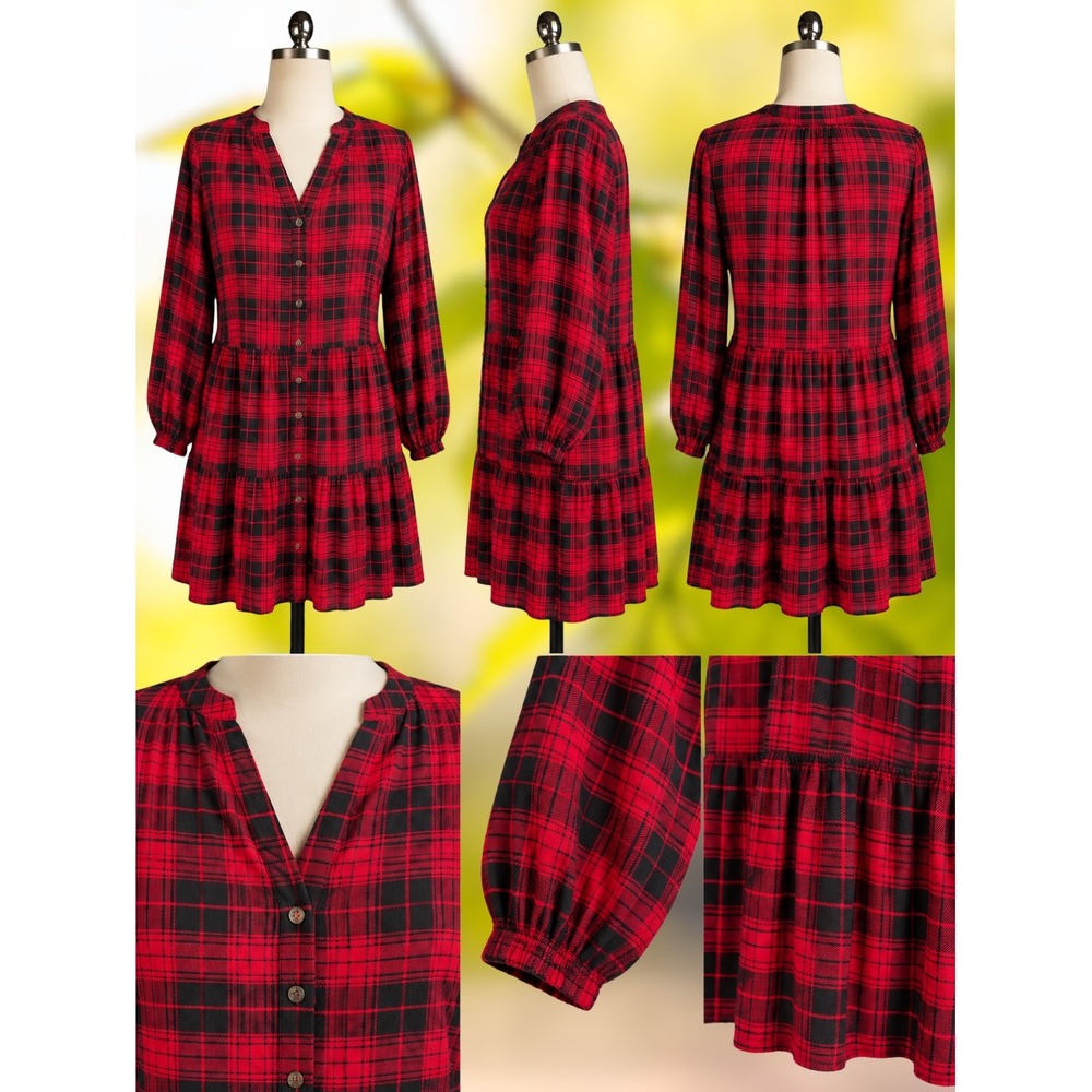 Time & True XXL 20 Red Black Plaid Tiered Mini Dress Button Front Long Sleeve